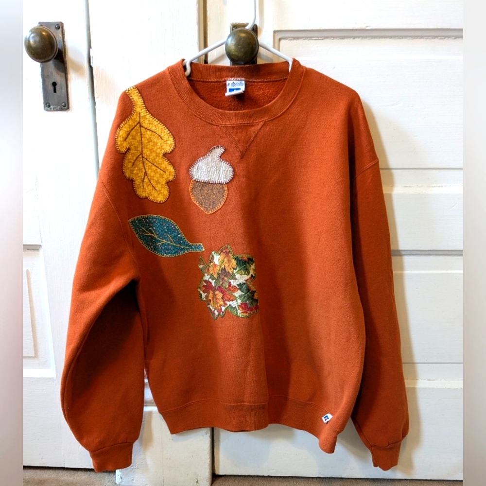 Orange Autumnal Pullover Crew Neck Sweatshirt Hand Appliqued Leaves Acorns M